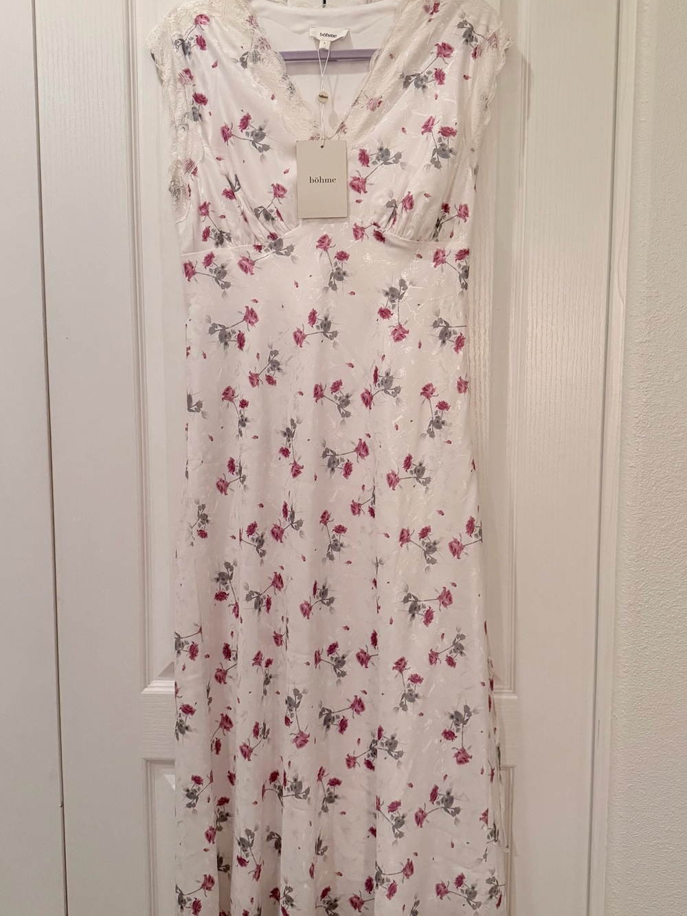 bōhme White Maxi Dress with Pink Rose Print